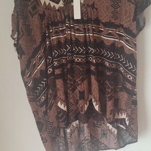 Olivaceous Boho Brown Aztec-Print Short Sleeve Top  SZ  S  NWT